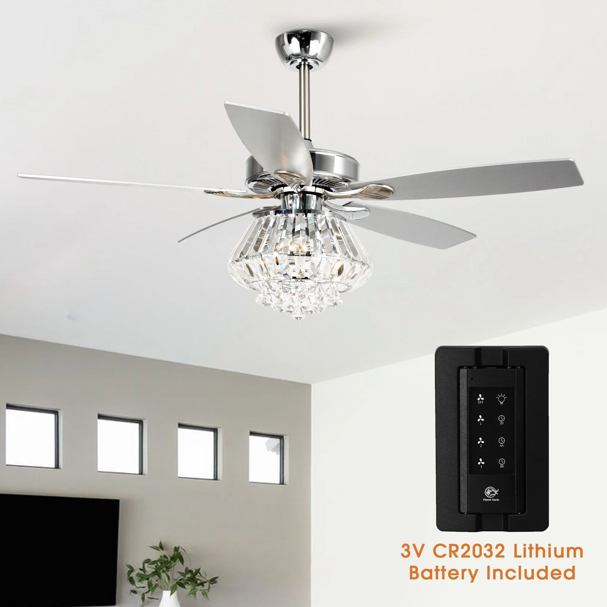 Modern Chrome 52-inch Crystal Chandelier Ceiling Fan with Remote