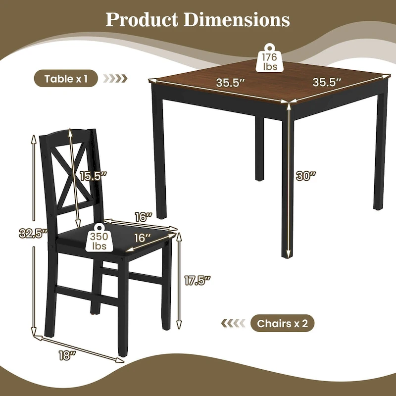 Costway 3 PCS Dining Table Set Wooden Square Kitchen Table with 2