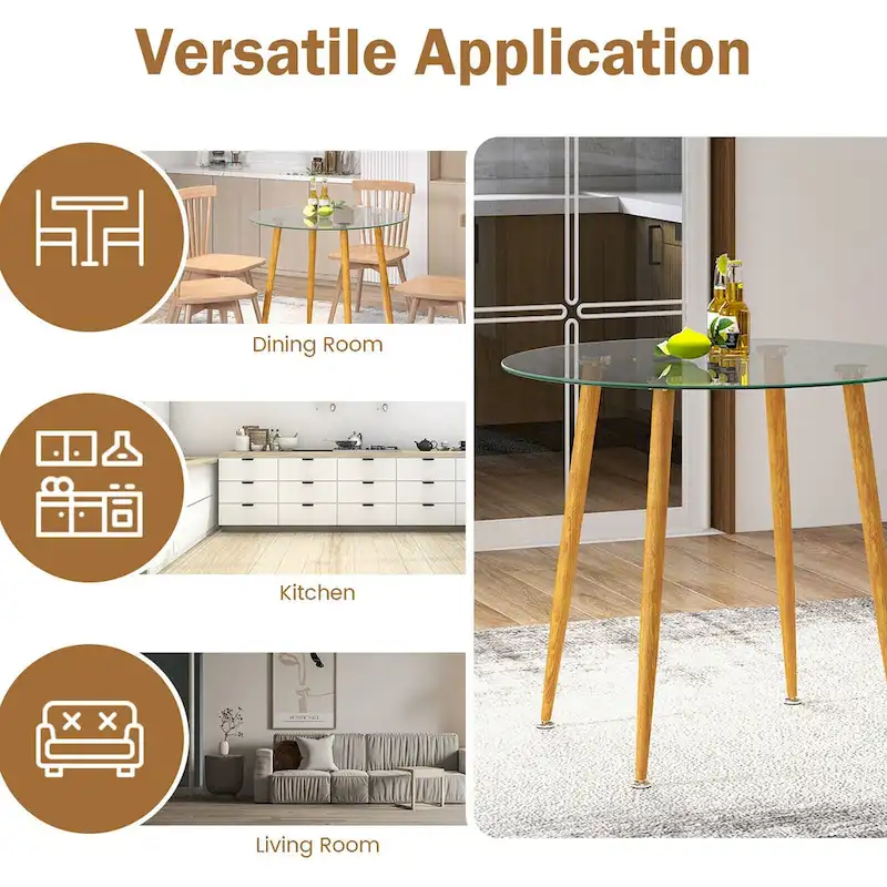 Gymax Leisure Coffee Table Round Glass Dining Table w/ Metal Legs