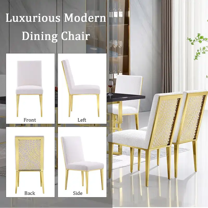 Luxurious White Boucle Dining Chairs with Polished Gold Metal Legs