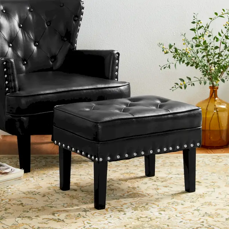 Glitzhome Set of 2 22W Leatherette Button-tufted Foot Stools Ottomans
