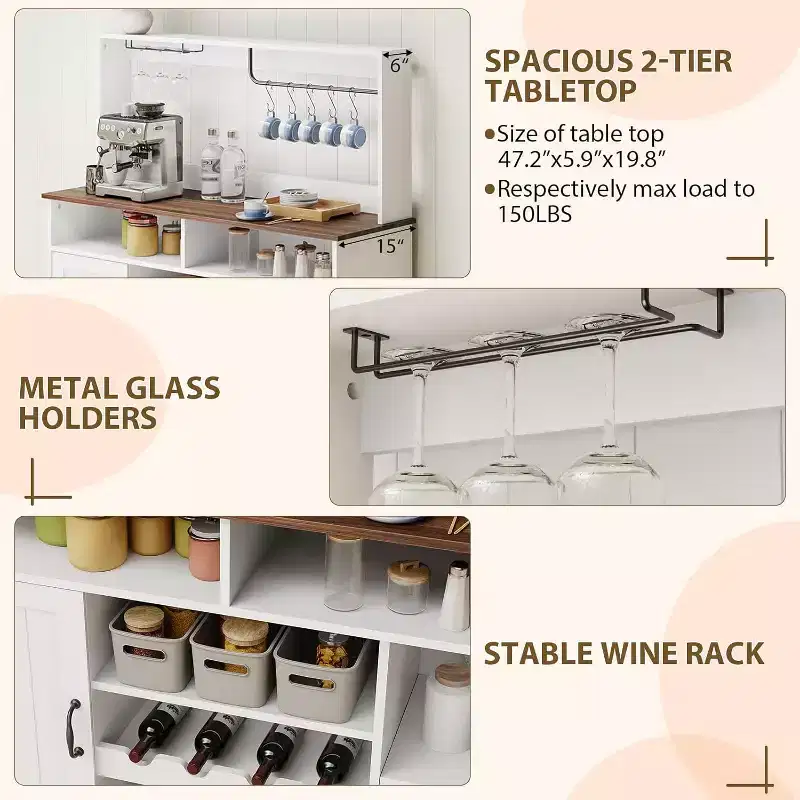 Farmhouse Coffee Bar Cabinet 47, MDF w/Power Outlets, Wine Rack, Black