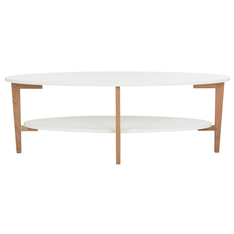 Mid-Century Oval Coffee Table White Natural Wood 2-Tier Storage 51.2
