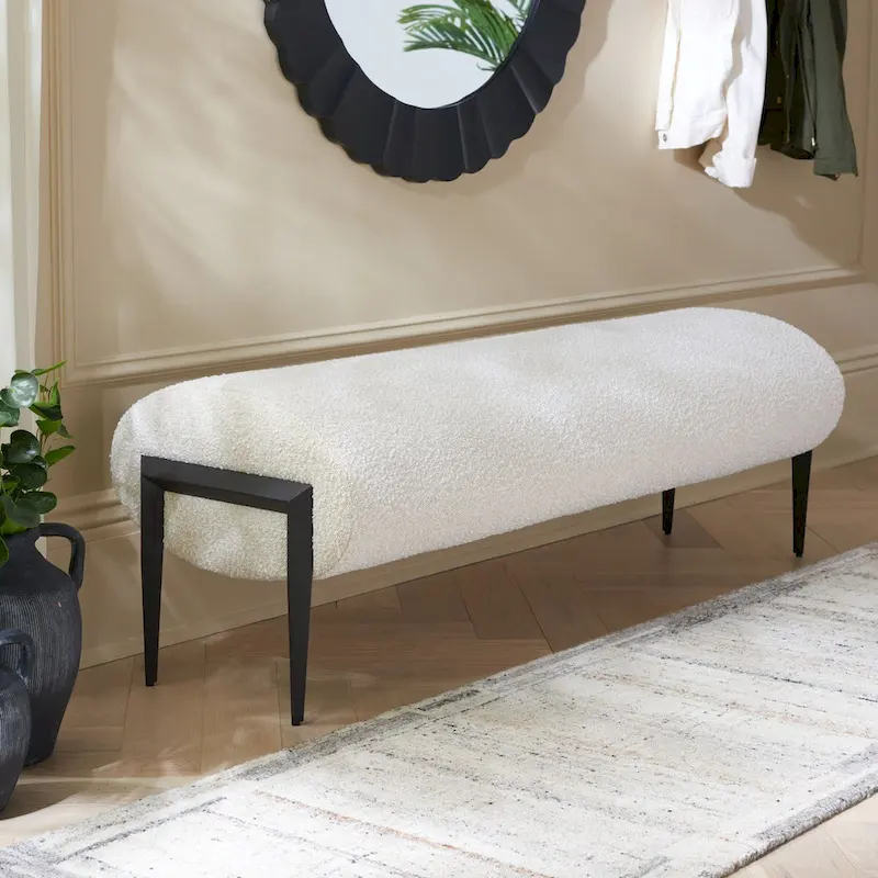 Upholstered Bench in Light Beige / Creme with Black Legs – Seats 2