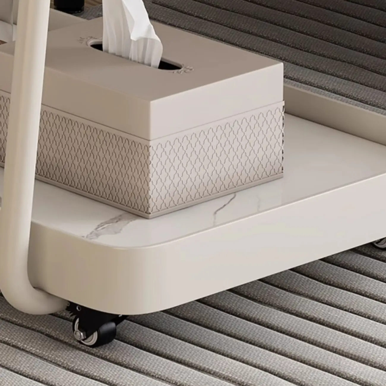 Modern C-Shaped White Stone Rectangular Swivel Side Table