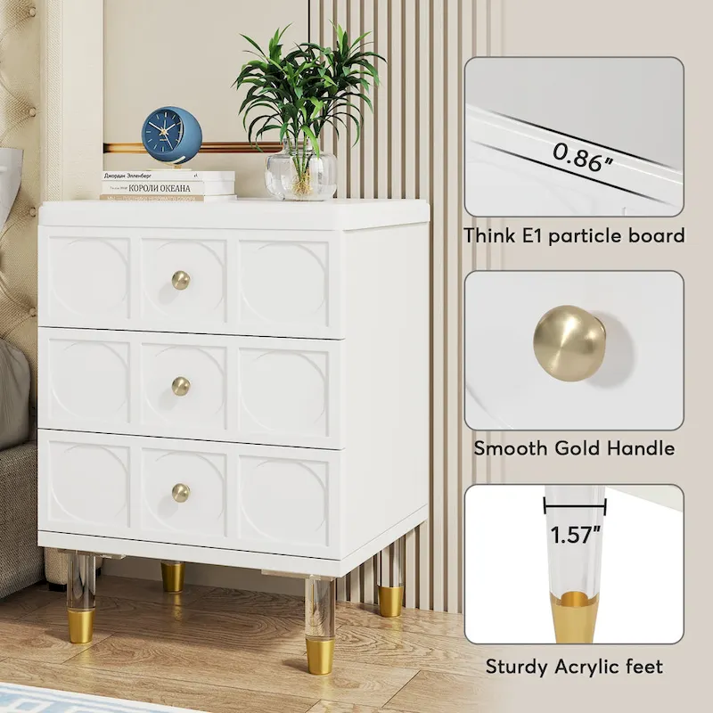 White Gold Nightstand Bedside Table with 3 Drawers