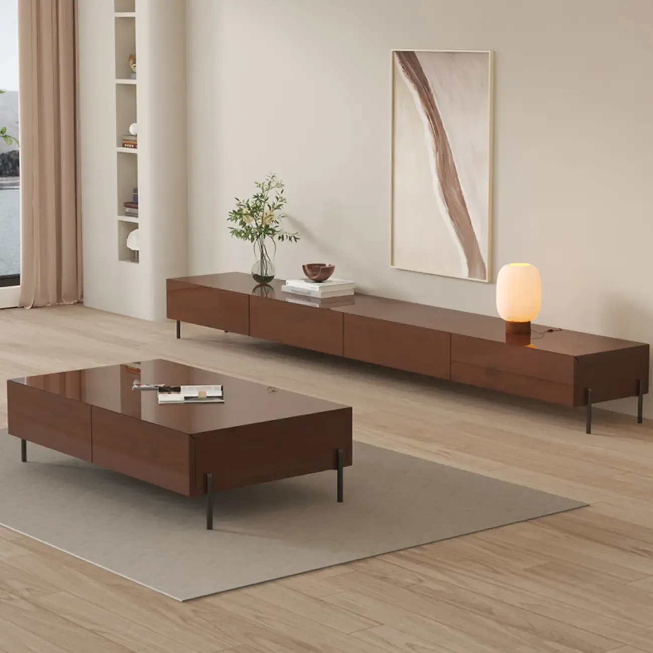 Modern Wood TV Stand in Nut-Brown with Drawers