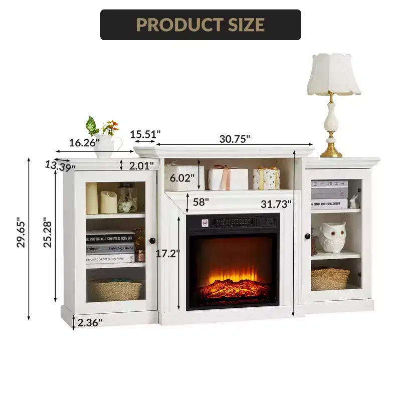 60 Inch Entertainment Center, Farmhouse TV Cabinet with 2 Glass Door, Console Table for Living Room, White
