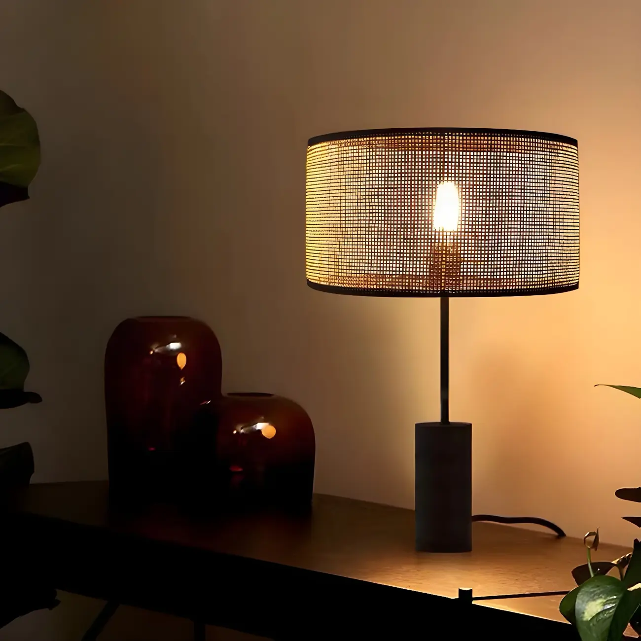 Brown Rarran Metal Drum-Shaped LED Table Lamp