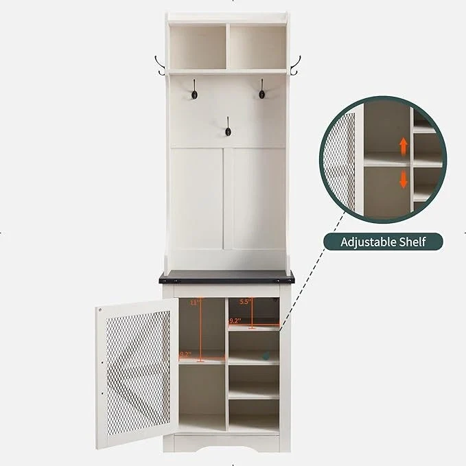 23 Wide Farmhouse Entryway Bench with Coat Rack, Hall Tree Cabinet