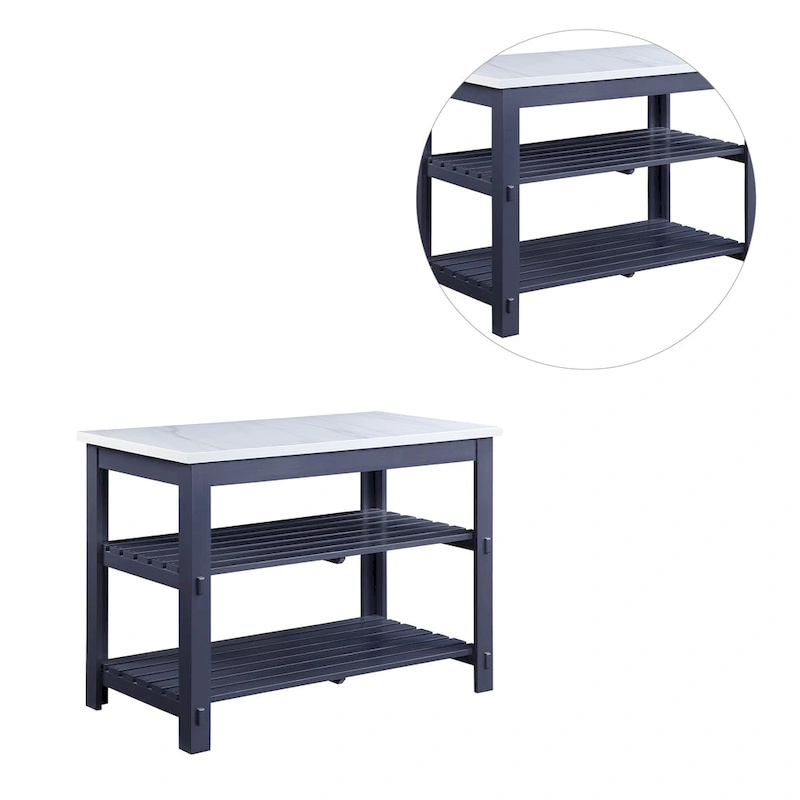 Marble Top Kitchen Island with 2 Open Shelves in White and Gray
