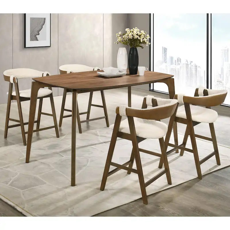 Furniture of America Shaw Mid-century 5-Piece Walnut Wood Counter Height Table Set with 4 Chairs