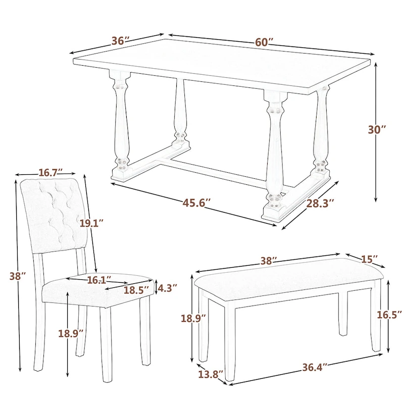 Nestfair 6-Piece Dining Table Set with 4 Chairs and 1 Bench
