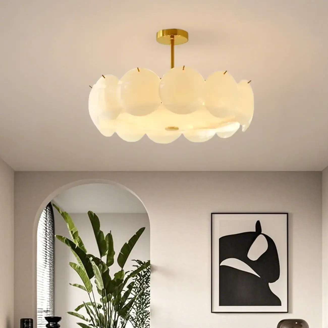 White Circle Glass Gold Semi Flush Mount Ceiling Light