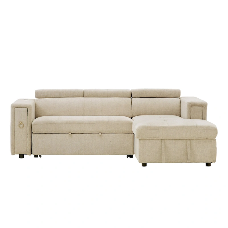 Beige L-Shape Sleeper Sectional Sofa with Adjustable Headrest & Charging