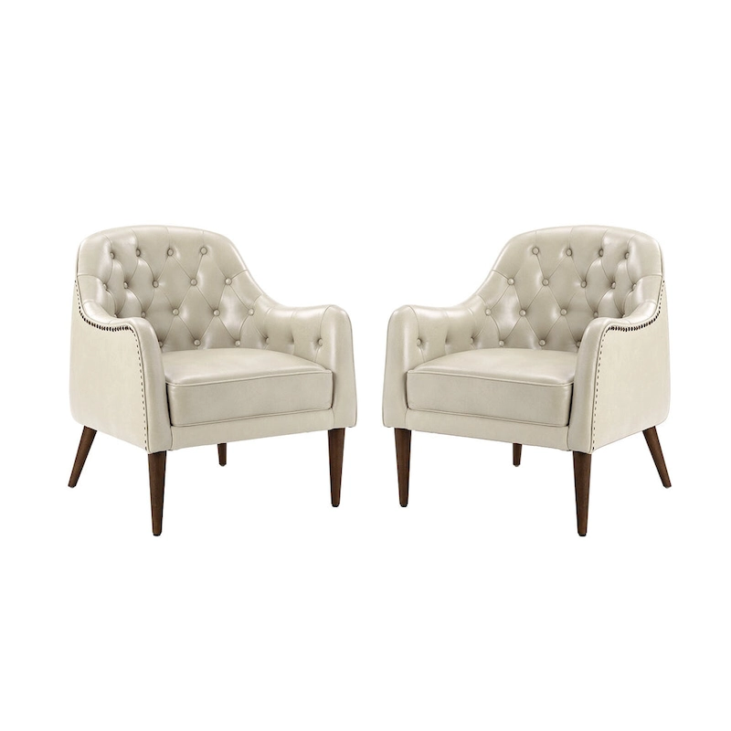 Melisa Classic Genuine Leather Wood Legs Barrel Chair With Tufted Back Set Of 2 By HULALA HOME