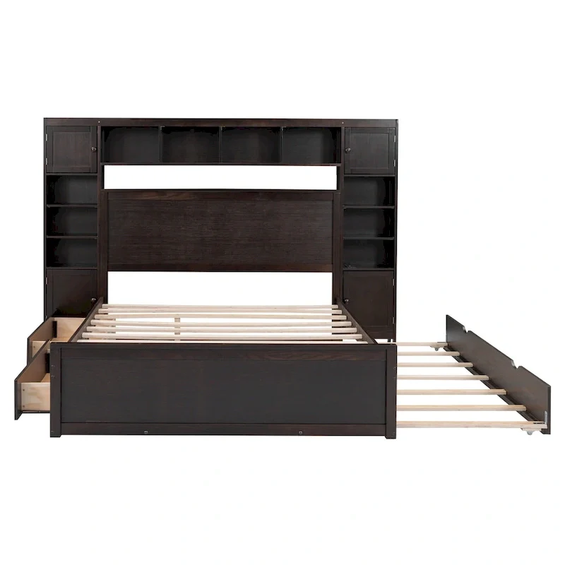 Modern Wooden Bed with Cabinet, Shelf, and Sockets