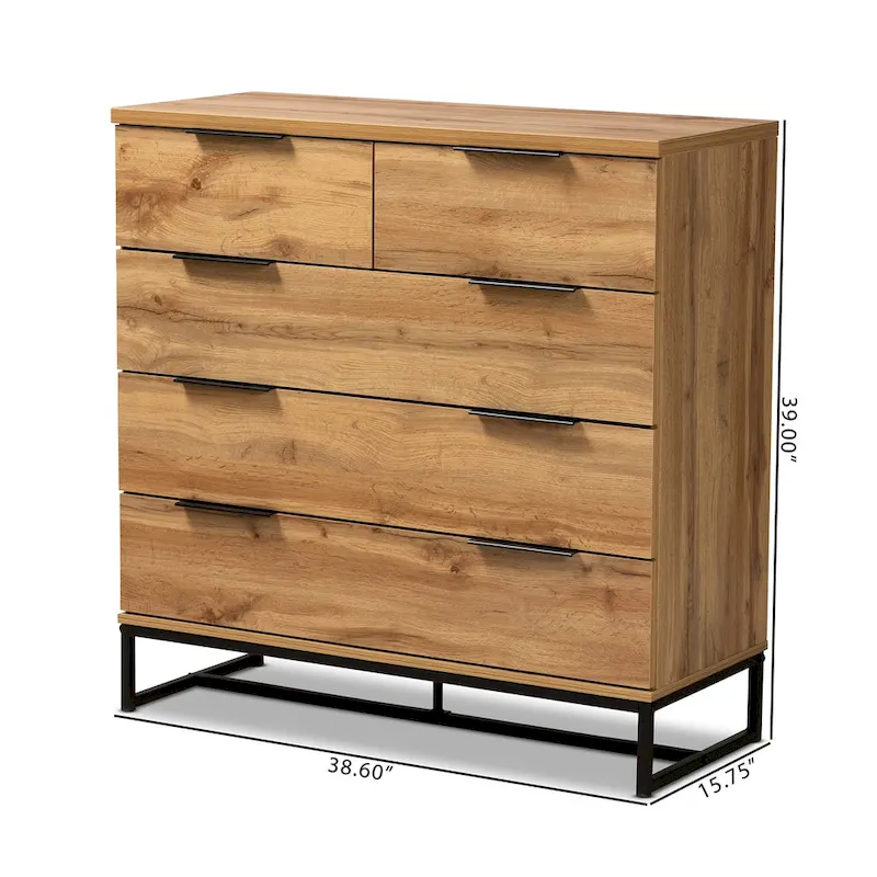 Franklin Oak Wood and Black Metal 5-drawer Bedroom Chest