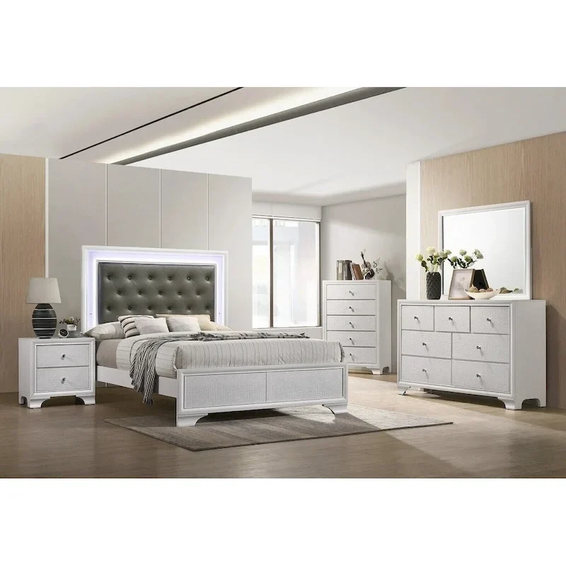 LED Light Faux Leather Upholstered Wooden Bed Chest Nightstand 3pc Set