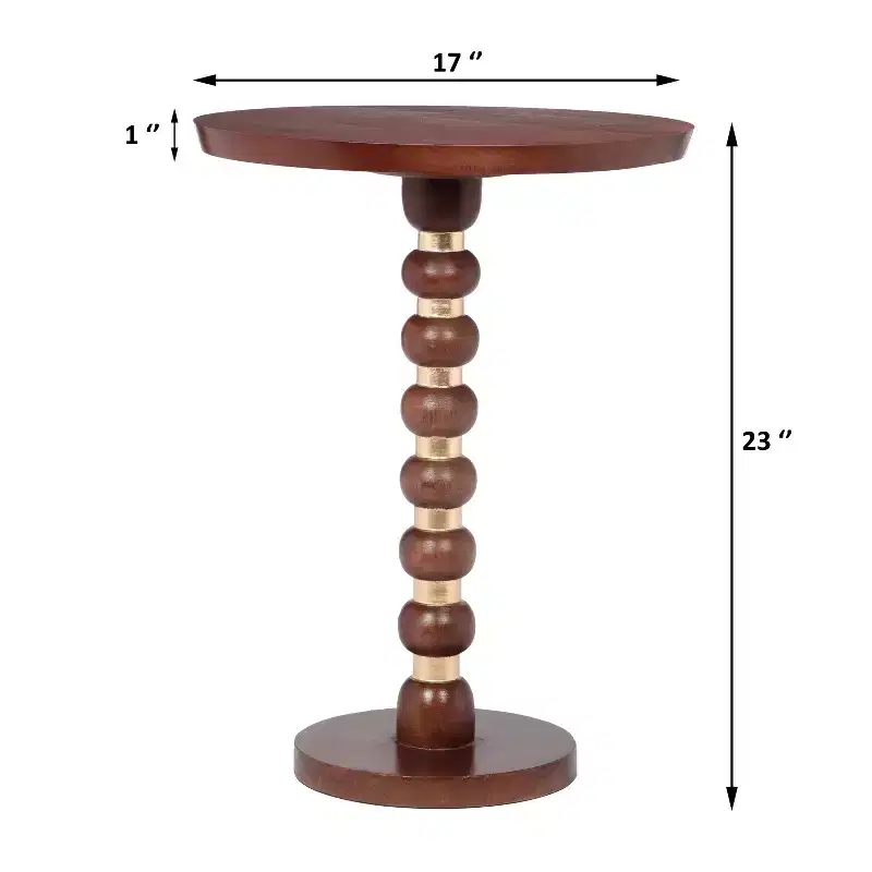 Brown Round Mango Wood End Table, Pedestal Base, Single