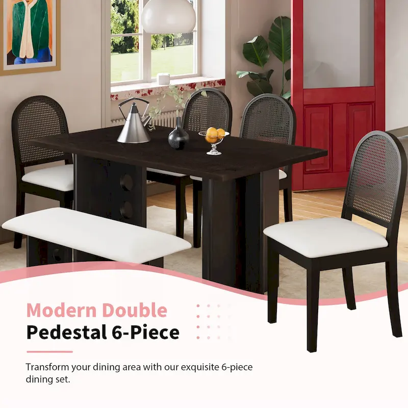 Modern Double Pedestal 6-Piece Dining Table Set with 4 Dining Chairs & 1 Bench