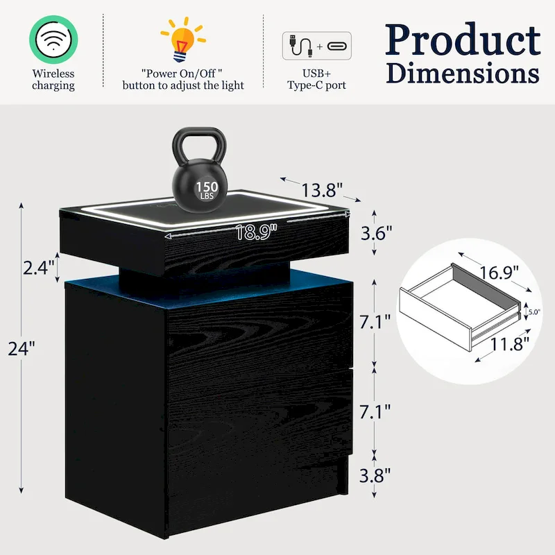 EROMMY LED Nightstand with Charging Station, Floating Bedside Table with Drawers and RGB Lights