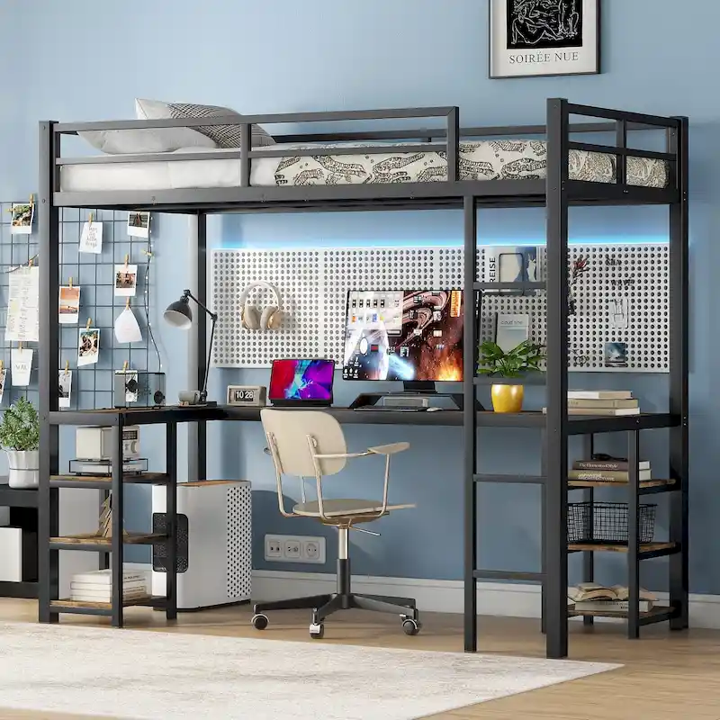 Twin XL Size Metal Loft Bed with Desk, Shelves & Guardrails