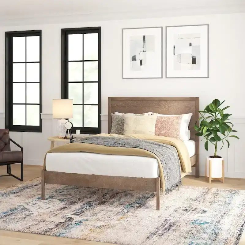 Solid Wood Platform Bed with Headboard and Wooden Slats
