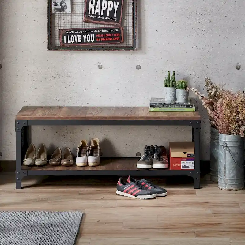 Maua Rustic Reclaimed Oak Metal Storage Entryway Bench by Furniture of America