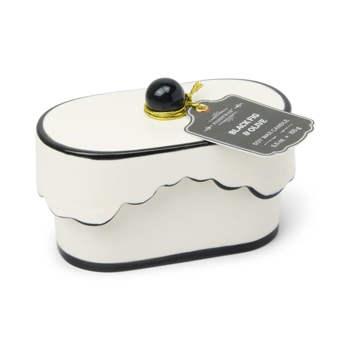 Designworks Cherie 5.5oz Porcelain Ceramic Dish W/ Black Accents & Lid; Hangtag & Warning Label - Black Fig & Olive