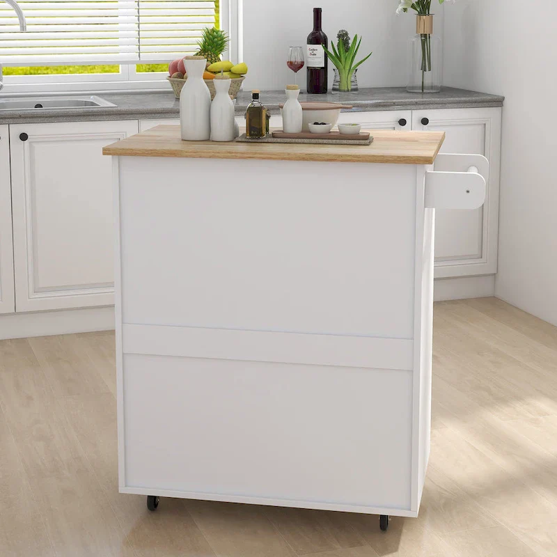 Rolling Kitchen Island Trolley Cart with Adjustable Shelves, Solid Wood Tabletop and Towel Rack