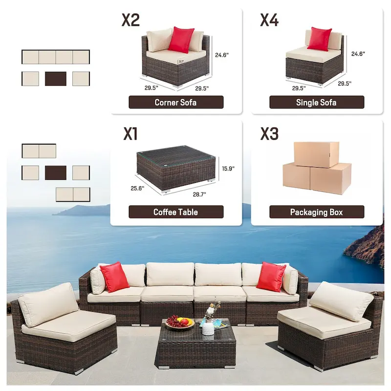 Rattan Sectional Sofa Conversation Set With Coffee Table