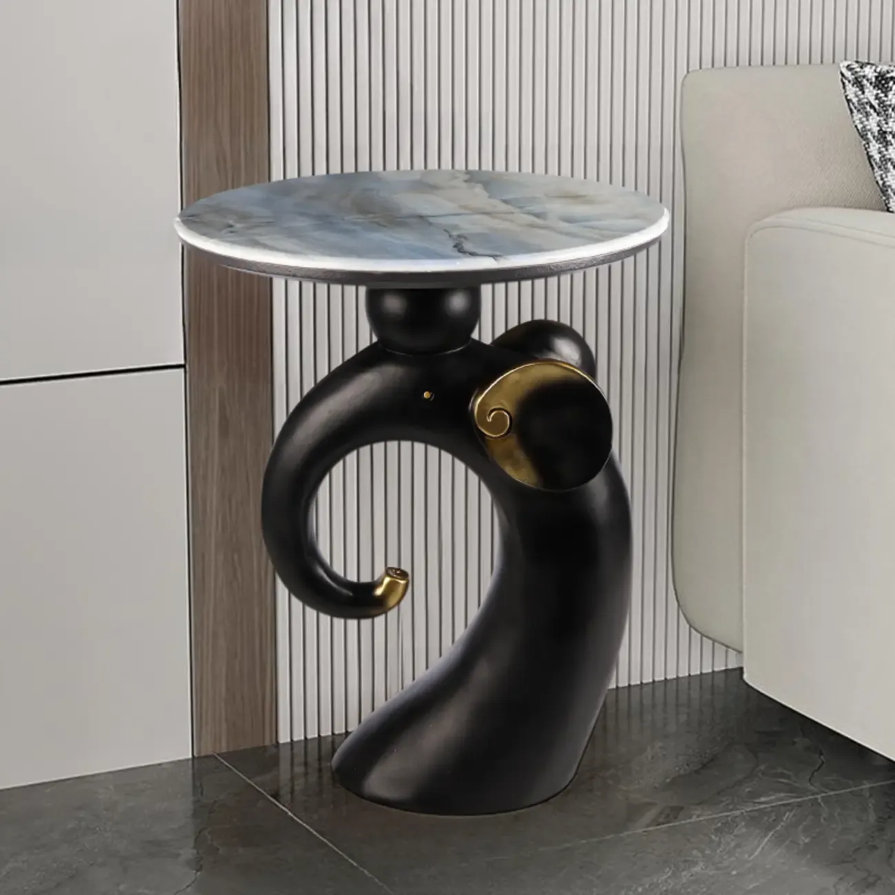 Black Elephant Side Table with Stone Top for Living Room