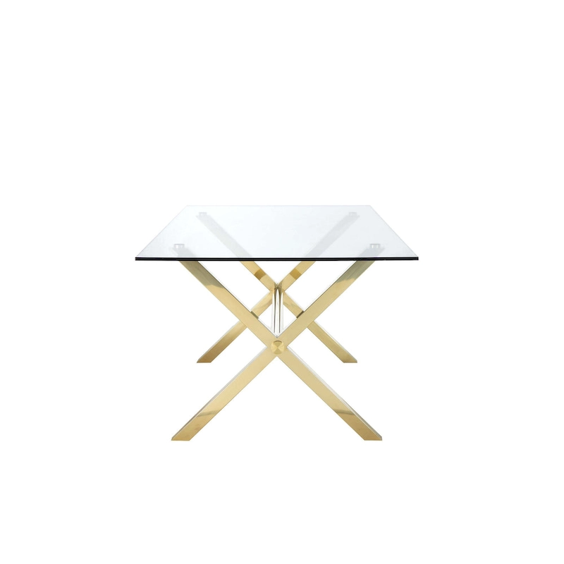 Tia 79 Inch Dining Table, Rectangular Tempered Glass Top, Gold, Clear