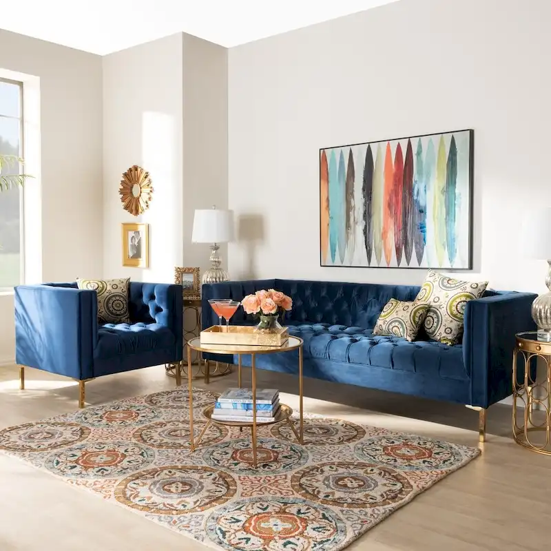 Glam Velvet and Gold Finished 2-Piece Sofa and Lounge Chair Set