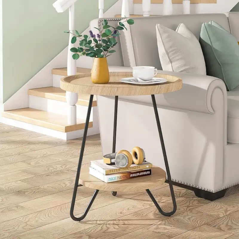 2-Tier Round Side Table, Wooden End Table with Metal Legs