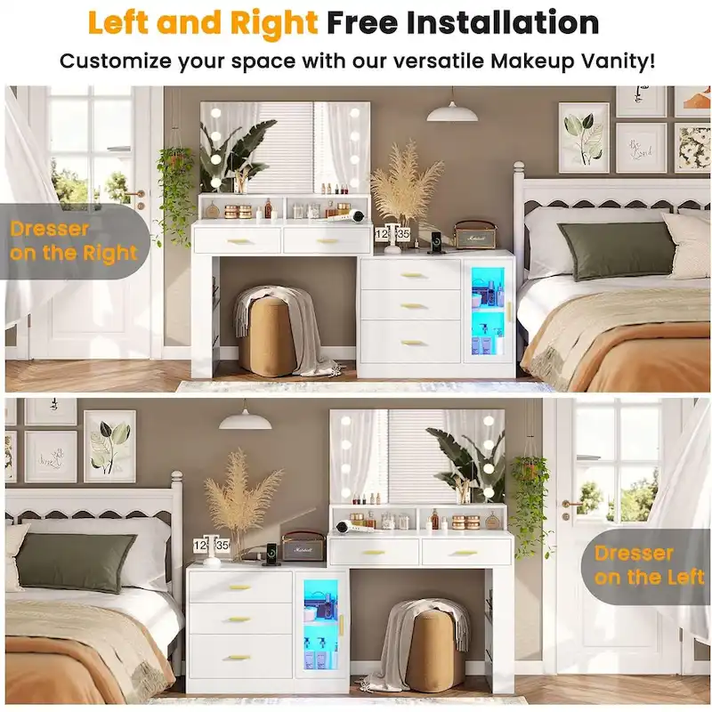 Makeup Vanity Table Mirror Lights LED Dresser 5 Drawers Cabinet