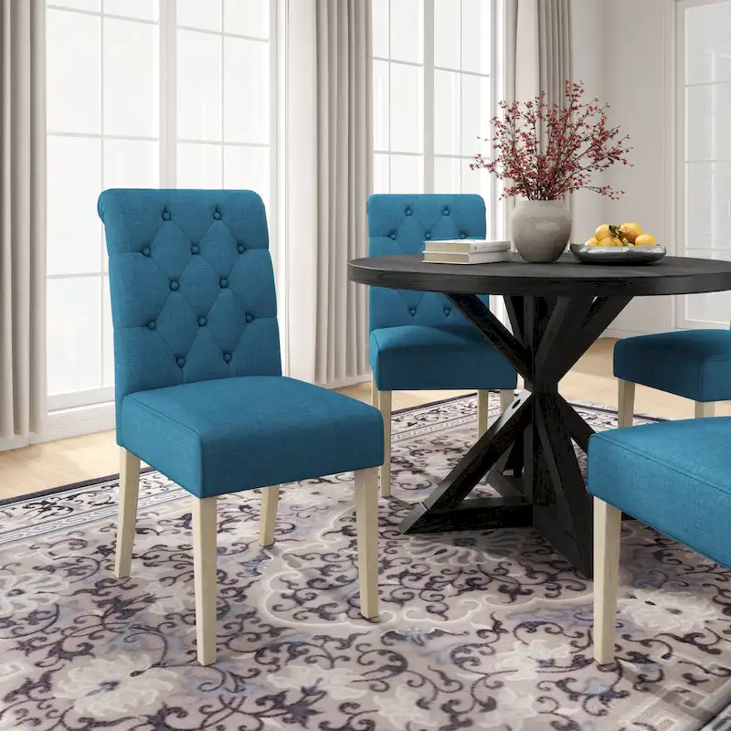Roundhill Furniture Banff 5-Piece Round Dining Set, Cross-Buck Round Table with 4 Tufted Chairs
