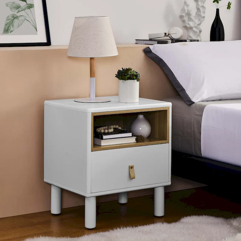 Nightstand - MDF & Solid Wood, 1 Drawer, Open Shelf, Leather Handles, 18.9W x 21.65H, Modern