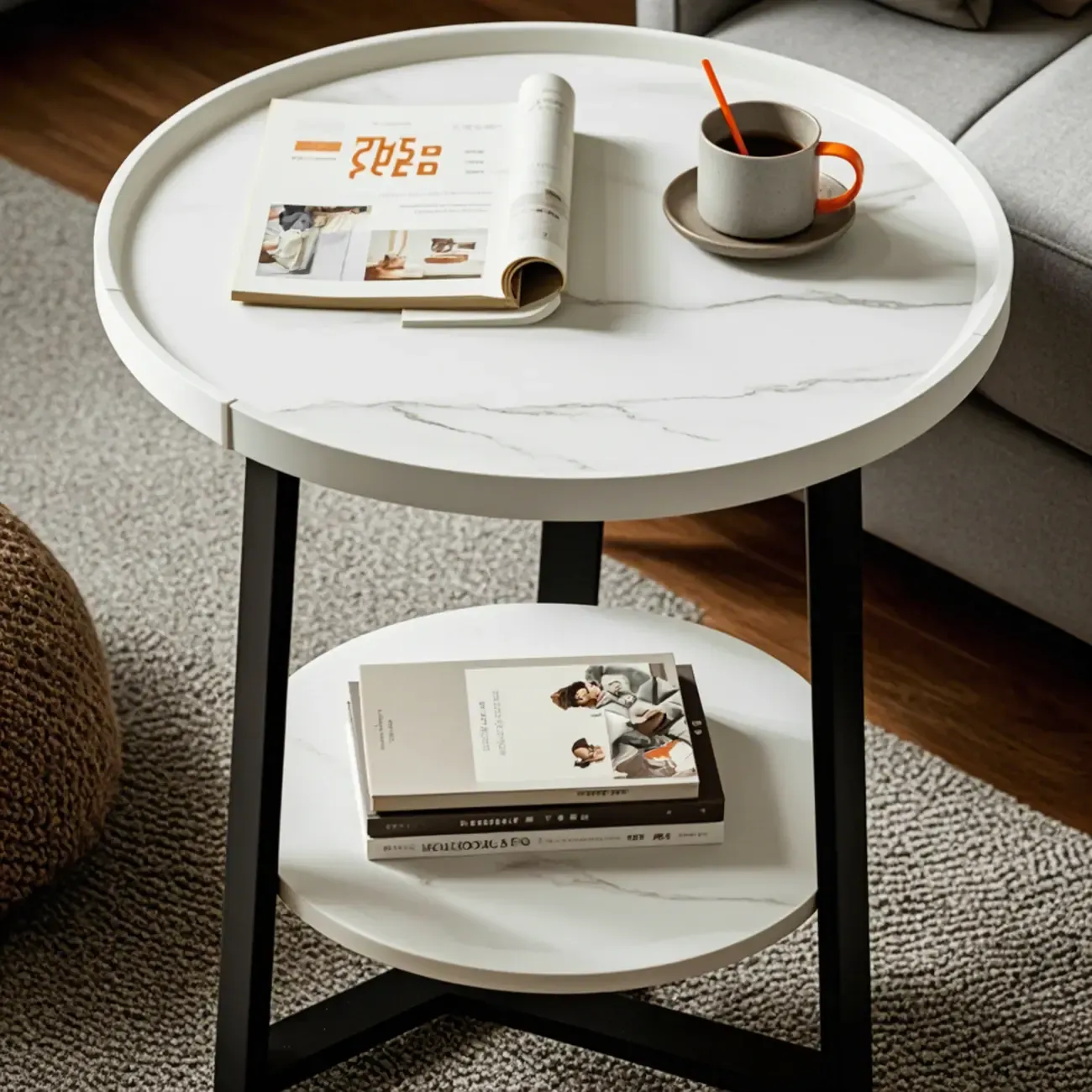 Modern Wooden Top Tray Coffee Table with Cross Legs & Shelf