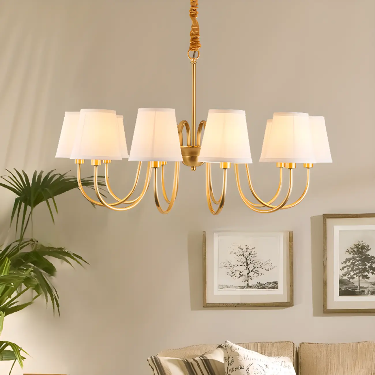 Modern Brass Hanging Chandelier with Fabric Shade