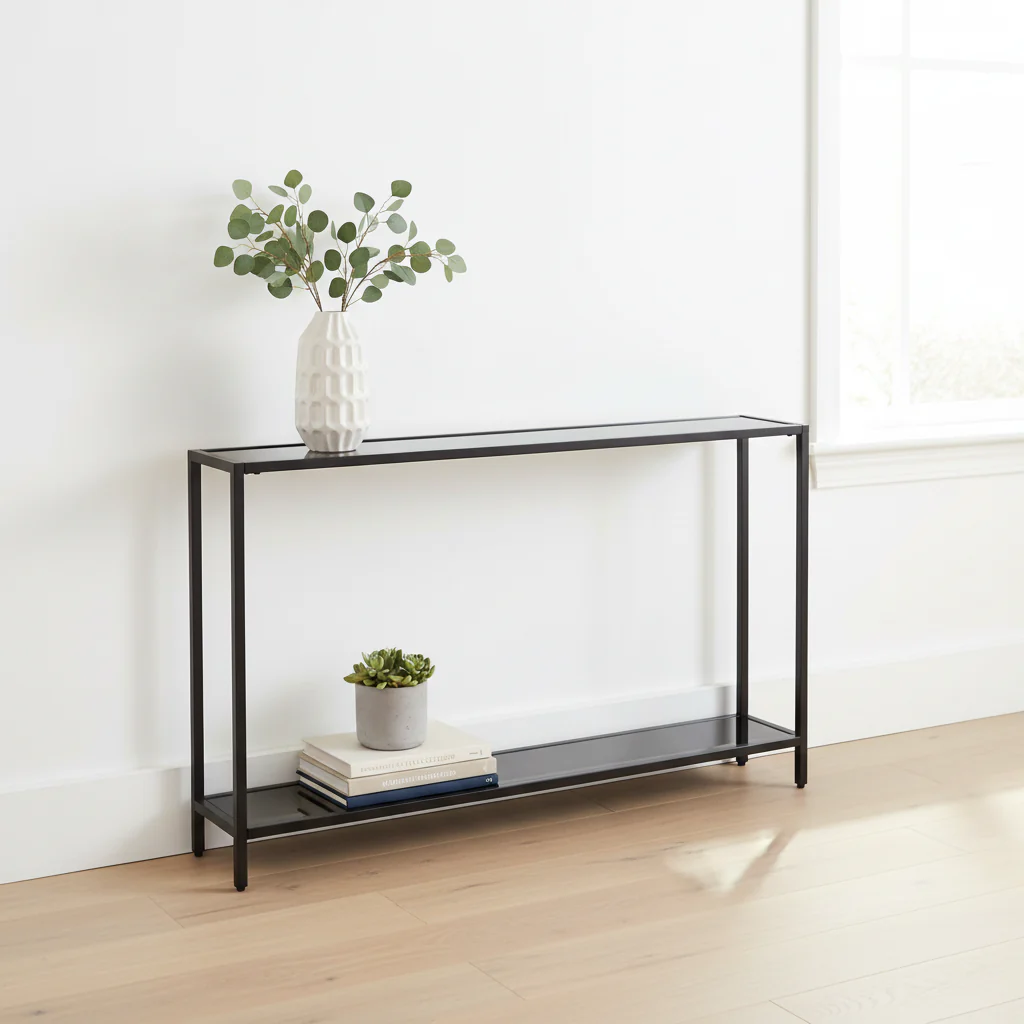 Glass Mirrored Console Table and Metal Frame with Shelf - 56 L x 8 W x 29 H