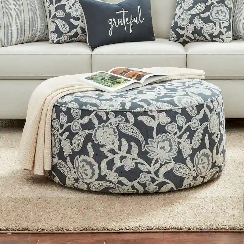Round Chenille Ottoman – Ivory, Floral Multi, Transitional Style, Single