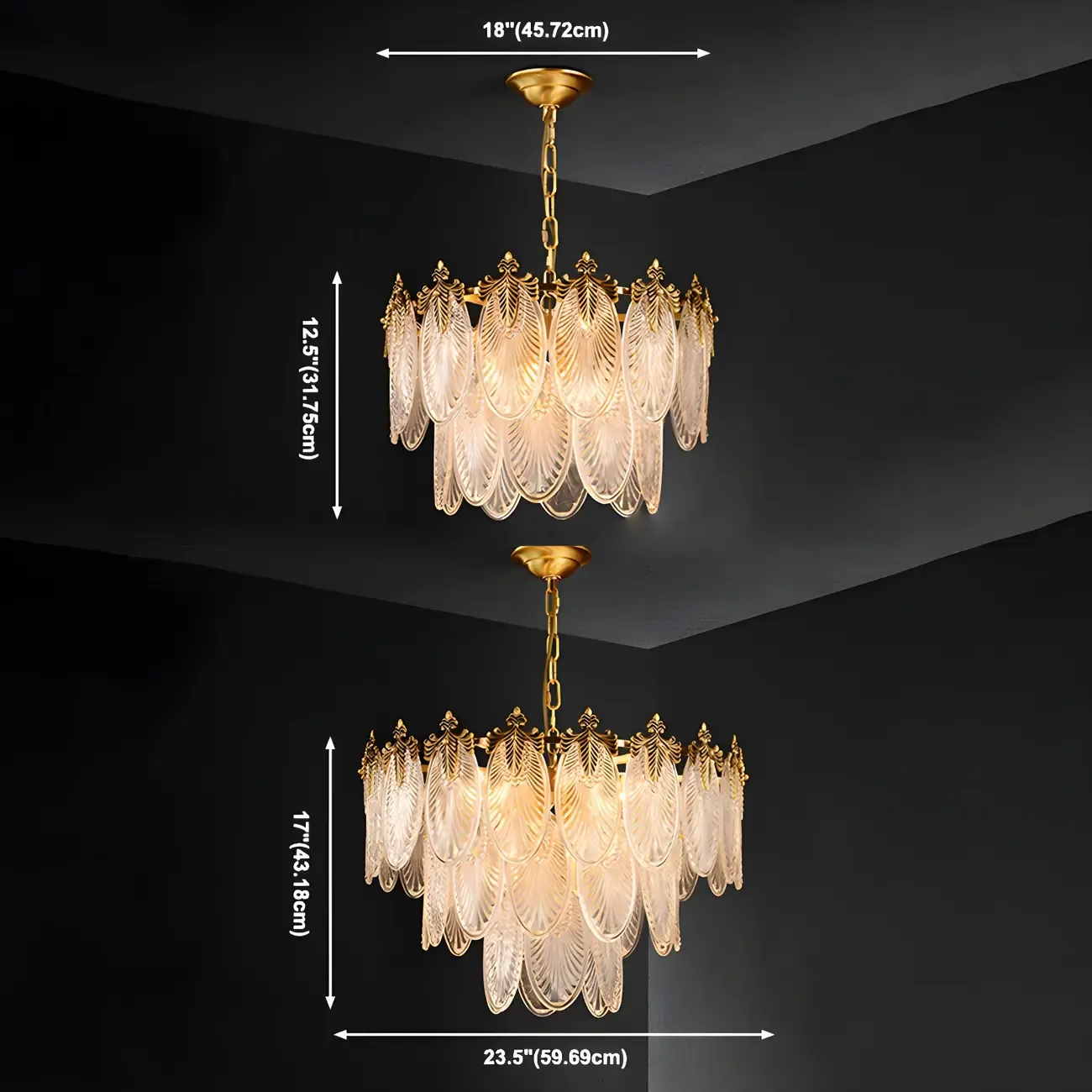 Elegant Brass Ribbed Glass Tiered Chandelier