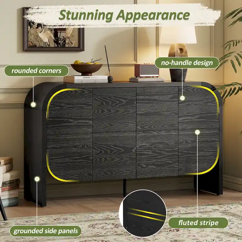 Wooden Sideboard Buffet Cabinet with Curvy Edge & Adjustable Shelves