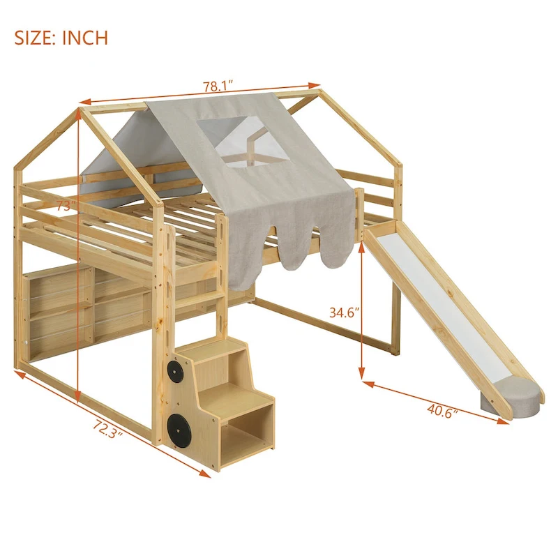 Full Loft Bed with Play Tent, House Design, Slide & Ladder