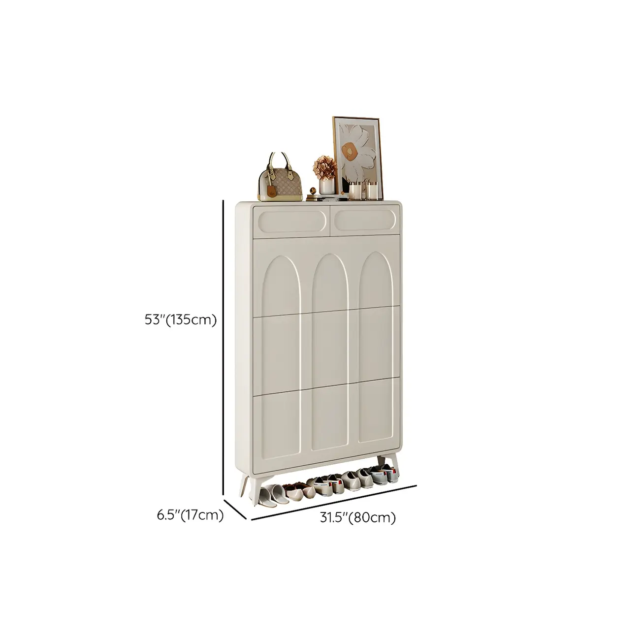 Vertical Slim White Wooden Drop Front Shoe Cabinet