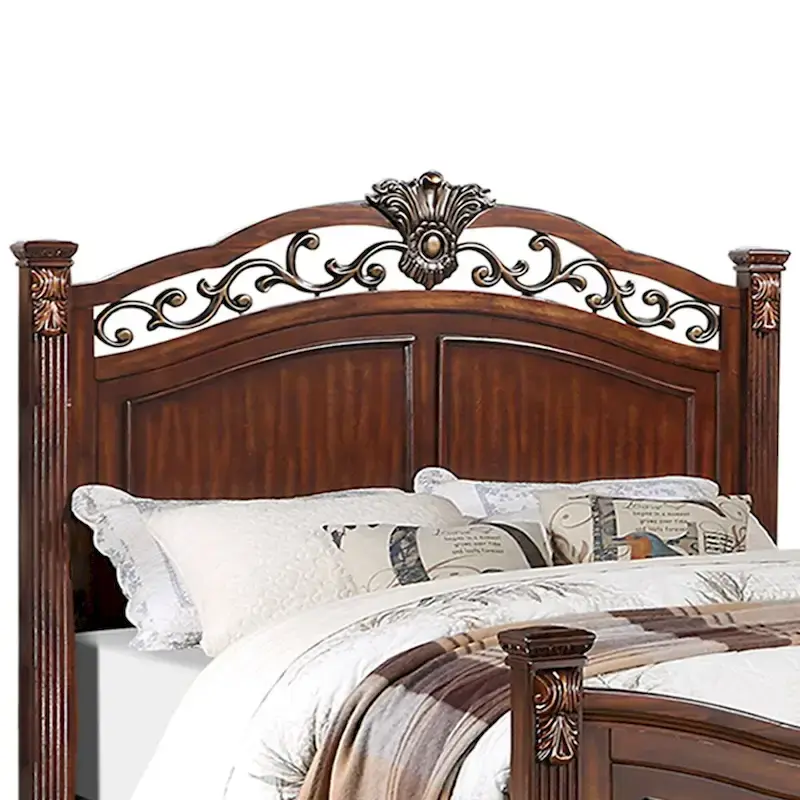 Wooden Bed with Crafted Headboard in Dark Cherry