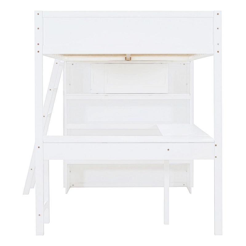 White Full Solid Wood Loft Bed with Desk & Shelf