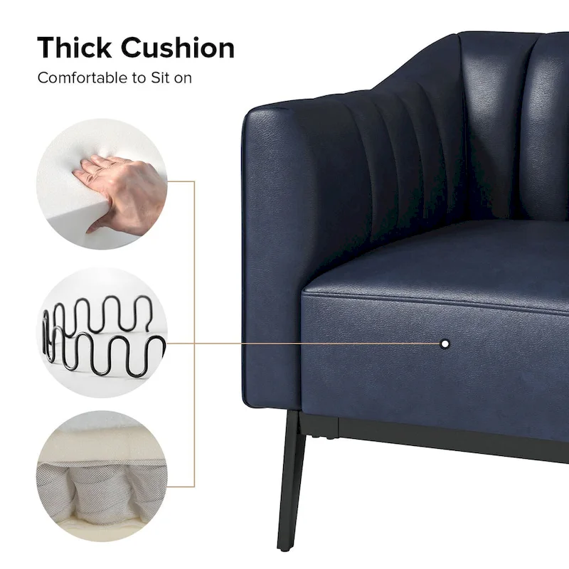Channel Tufted PU Leather Accent Chair, Navy/Grey/Camel/Brown/Black, Metal Legs, Set of 2